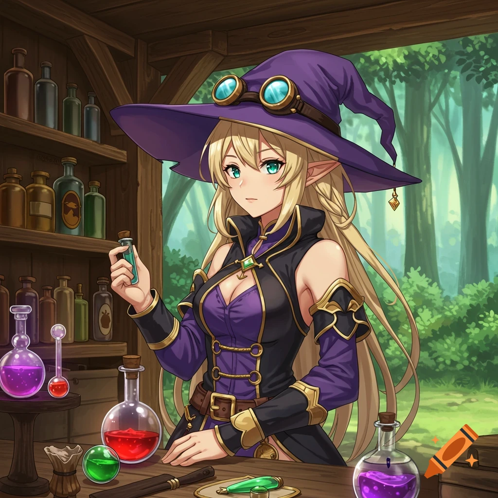 Anime elf witch making potions in an alchemist shop.