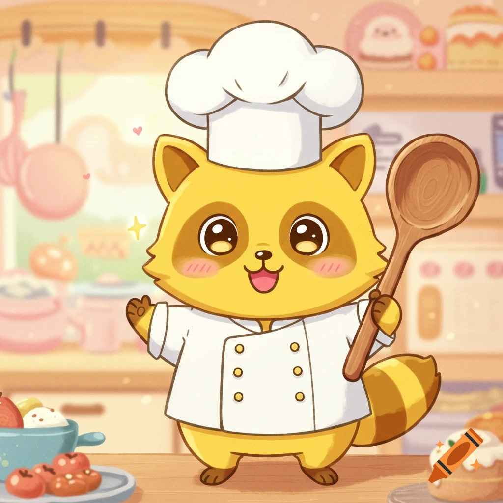 A cute yellow raccoon cartoon wearing a chef hat and jacket, holding a wooden spoon in a kitchen.