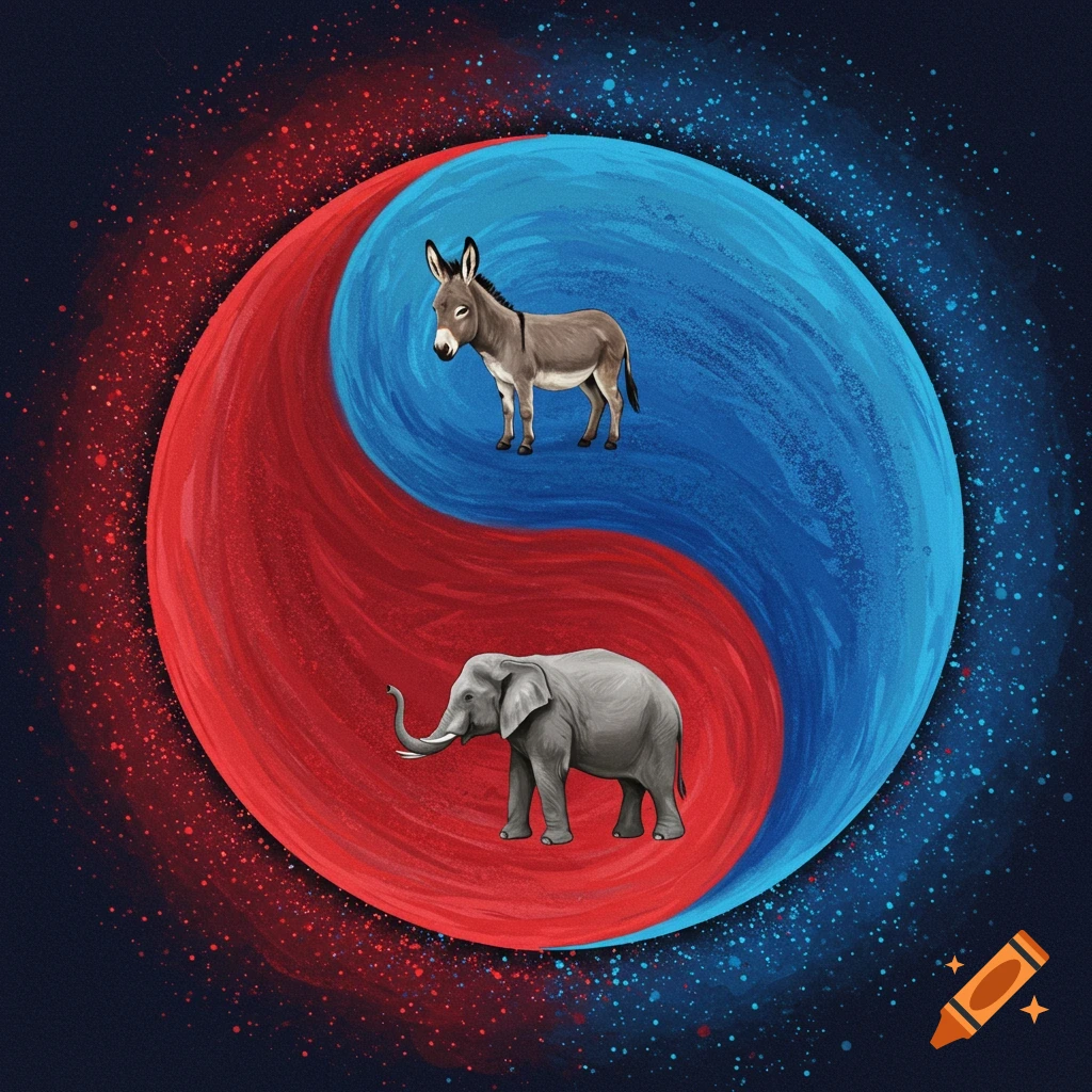 A red and blue yin yang symbol with a donkey on the blue side and an elephant on the red side.