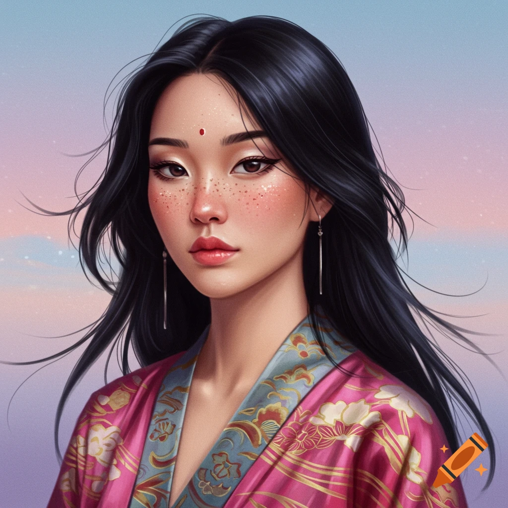 A portrait of a young Asian woman with dark hair, freckles, and a bindi, wearing a patterned pink garment, against a pastel sky.
