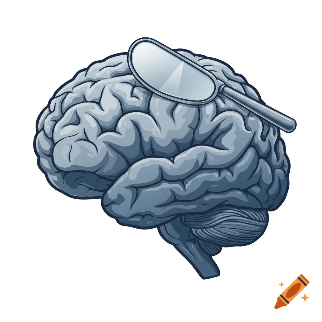Vector graphic of a human brain with a doctor's head mirror on top, 2/3 profile.