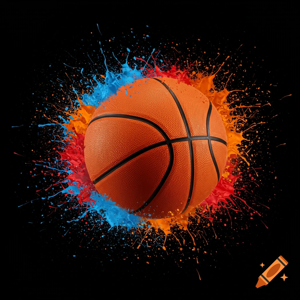 Basketball with orange, red, and blue paint splashes on a black background.