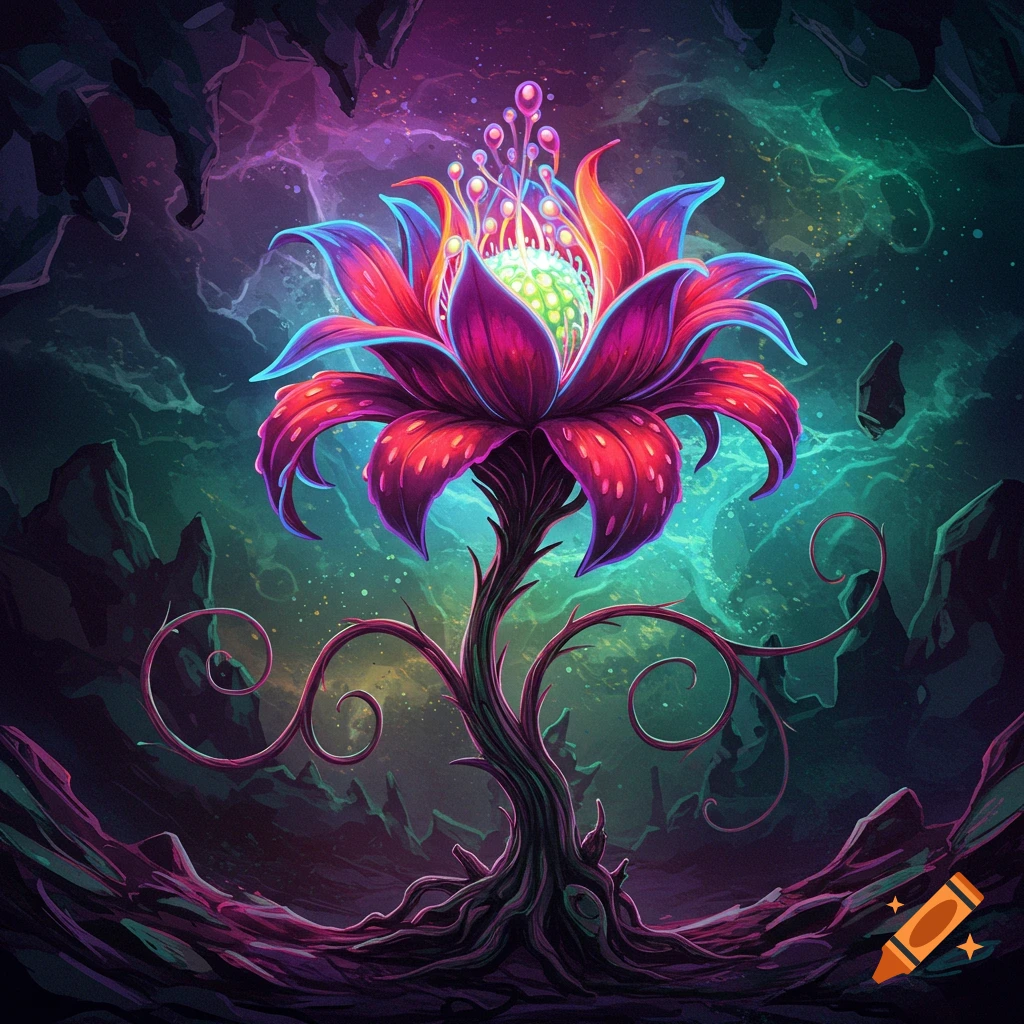A glowing, fantastical flower with tentacles in a dark, alien landscape.