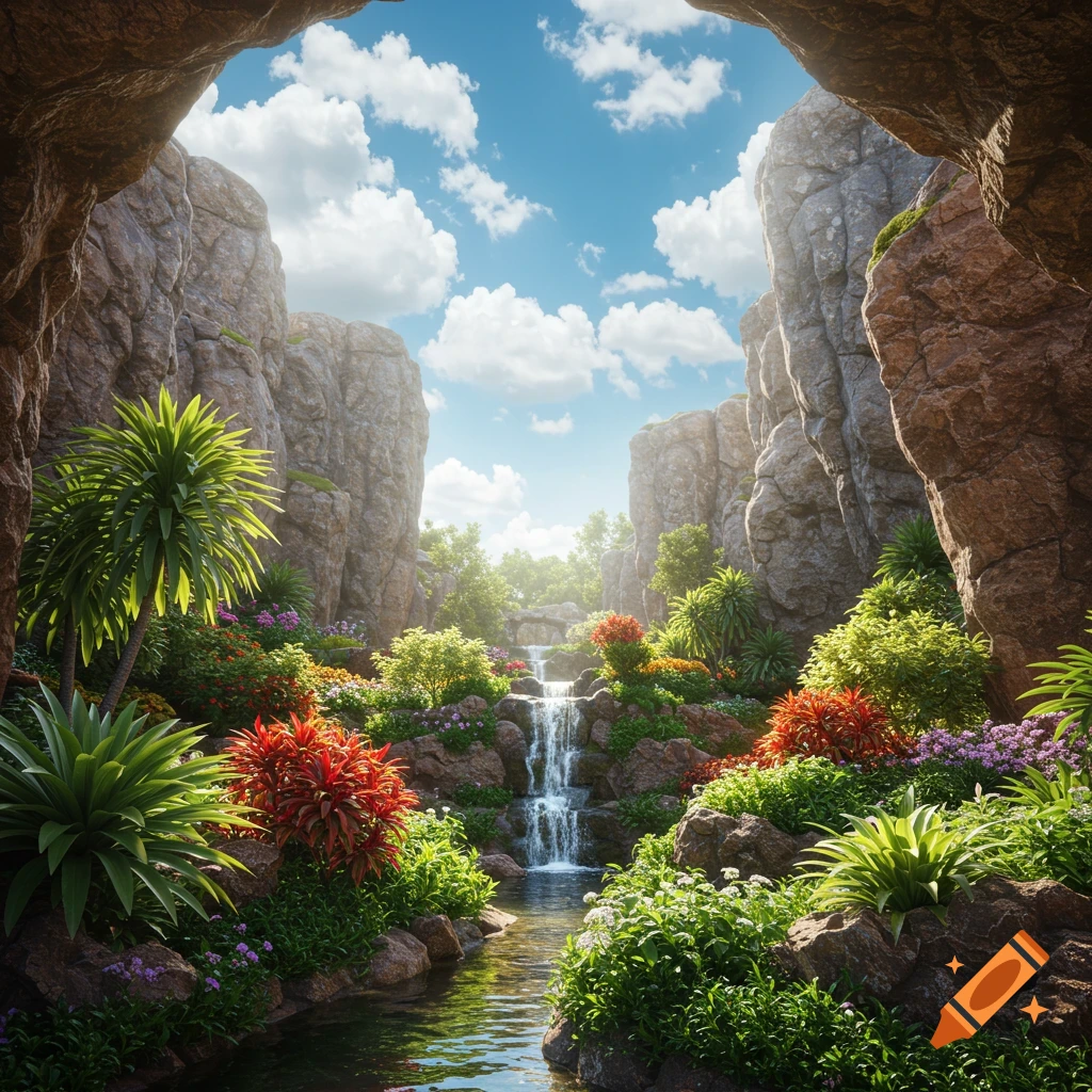 View from a cave looking out at a waterfall cascading into a stream within a lush, rocky landscape under a bright sky.