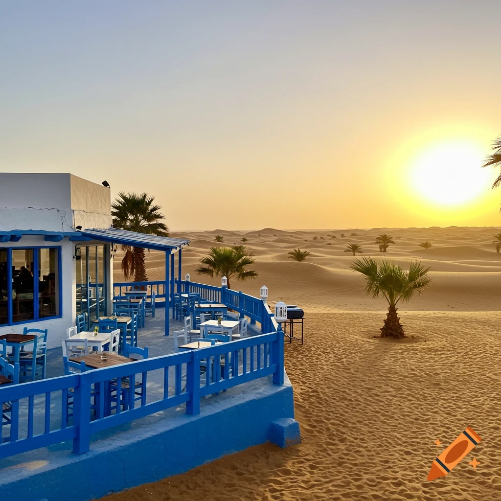 A blue and white restaurant patio overlooking a sandy desert with palm trees at sunset.