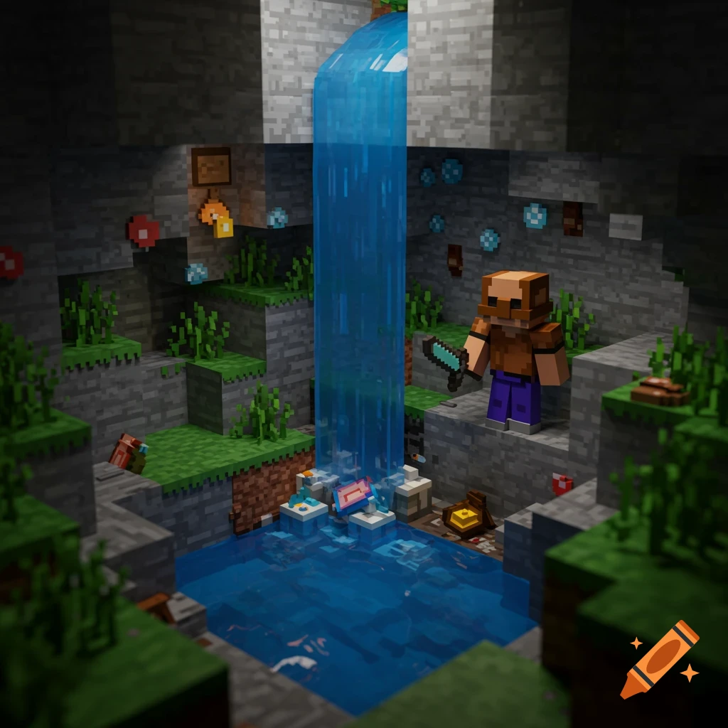 A detailed 8-bit style rendering of a Minecraft cave scene with a waterfall, pool, player character holding a diamond sword, and glowing ore.