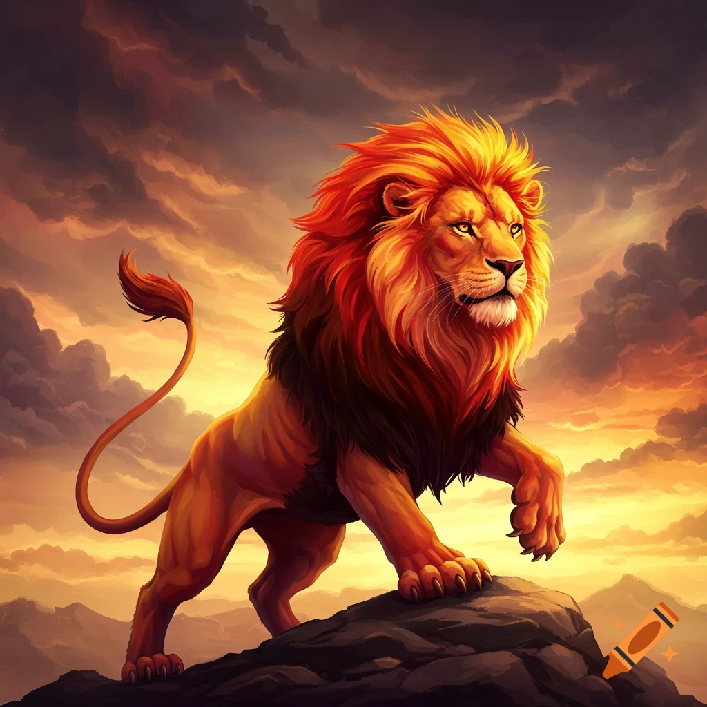 A vibrant image of a rampant lion standing on a rock against a dramatic sunset sky.