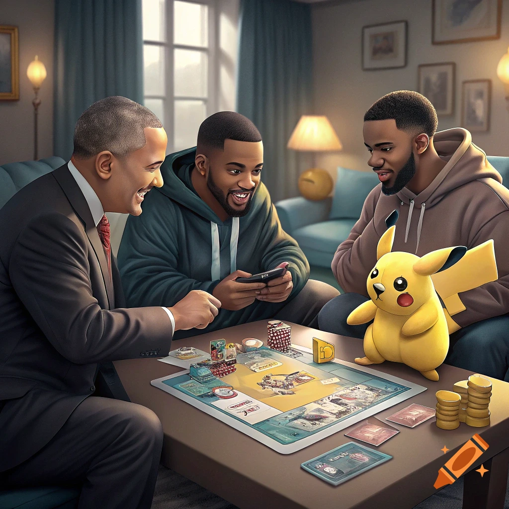 Barack Obama, two men, and a large Pikachu play a board game in a living room. Photorealistic style.