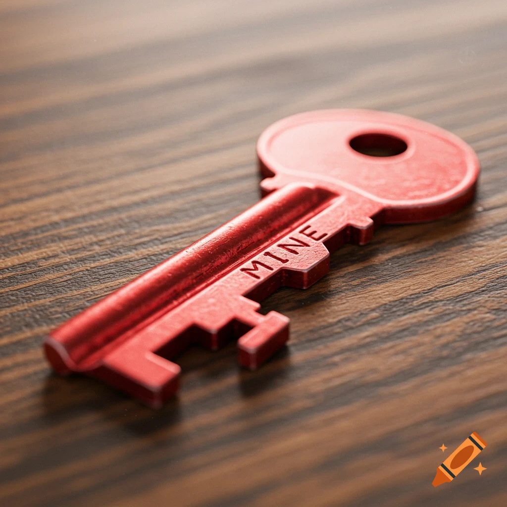 A red key with 'MINE' on it rests on a wooden table.