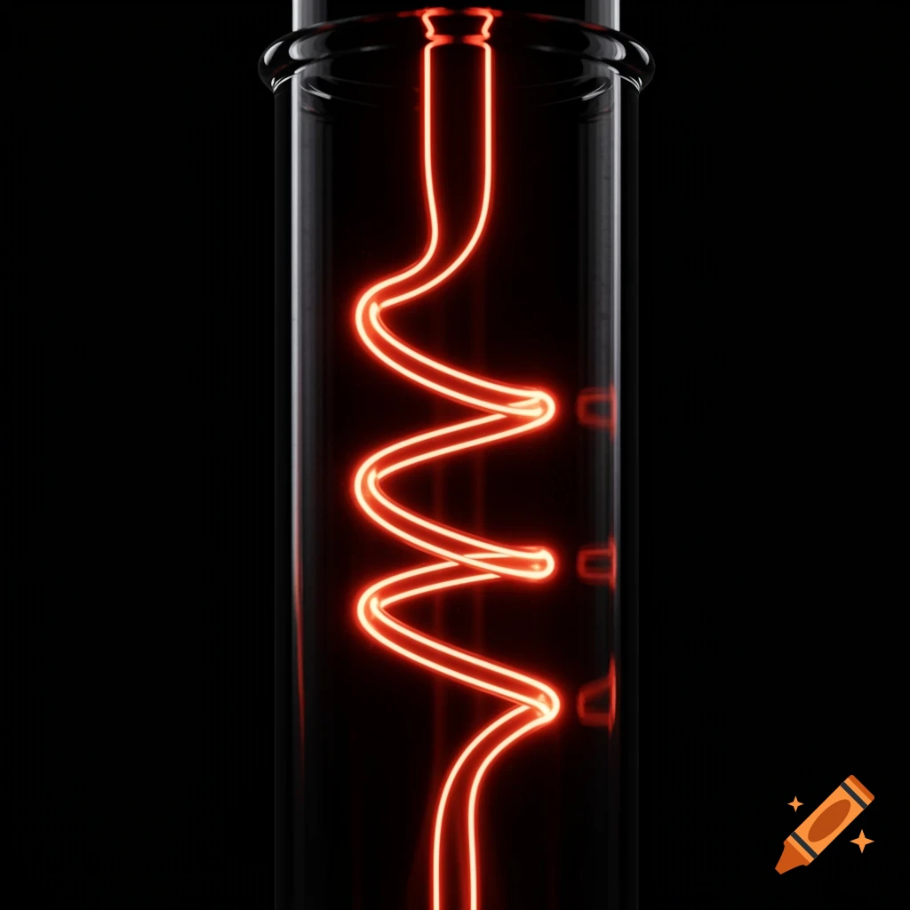 Glowing red spiral filament inside a glass tube on a black background