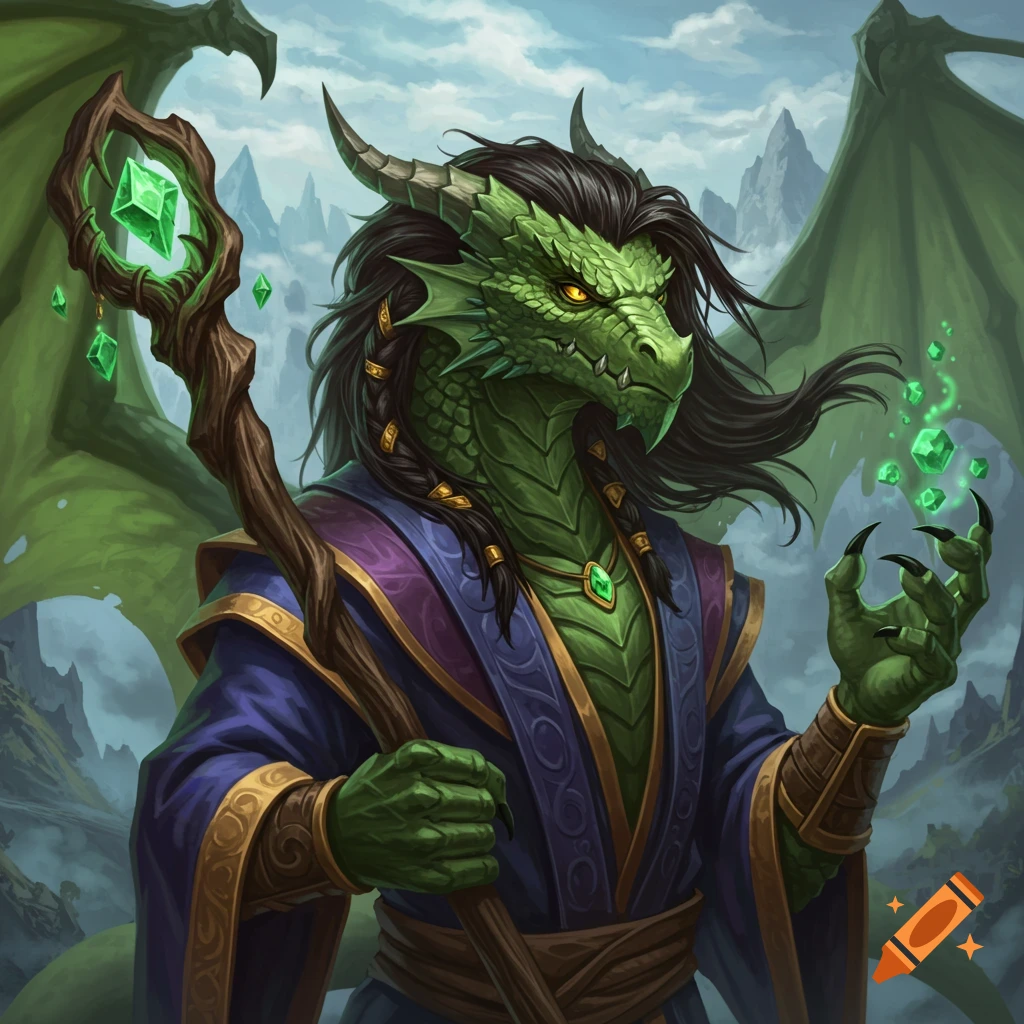 A green dragonborn wizard holding a staff and magic crystals in a fantasy landscape.