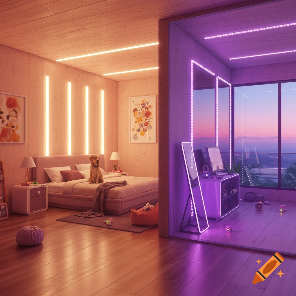 A modern room with LED lights, a dog sitting on a bed, and a desk with a computer.