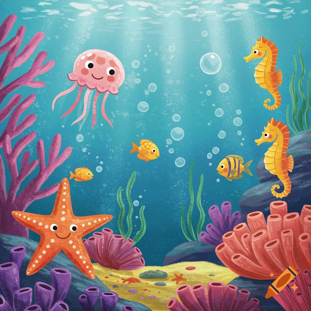 Colorful underwater illustration with smiling sea creatures like a starfish, jellyfish, and seahorses among coral and bubbles.