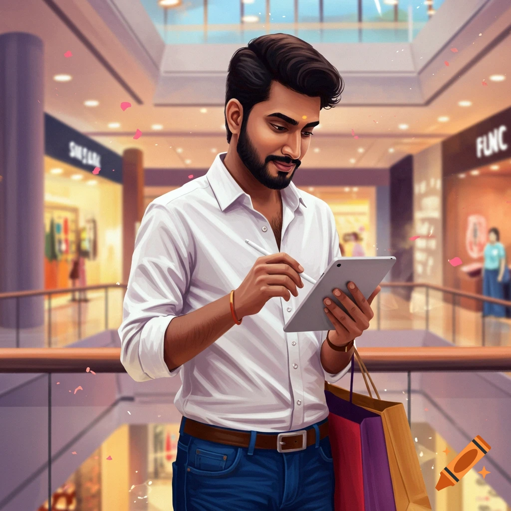 A South Indian man looks at a tablet in a mall with shopping bags.