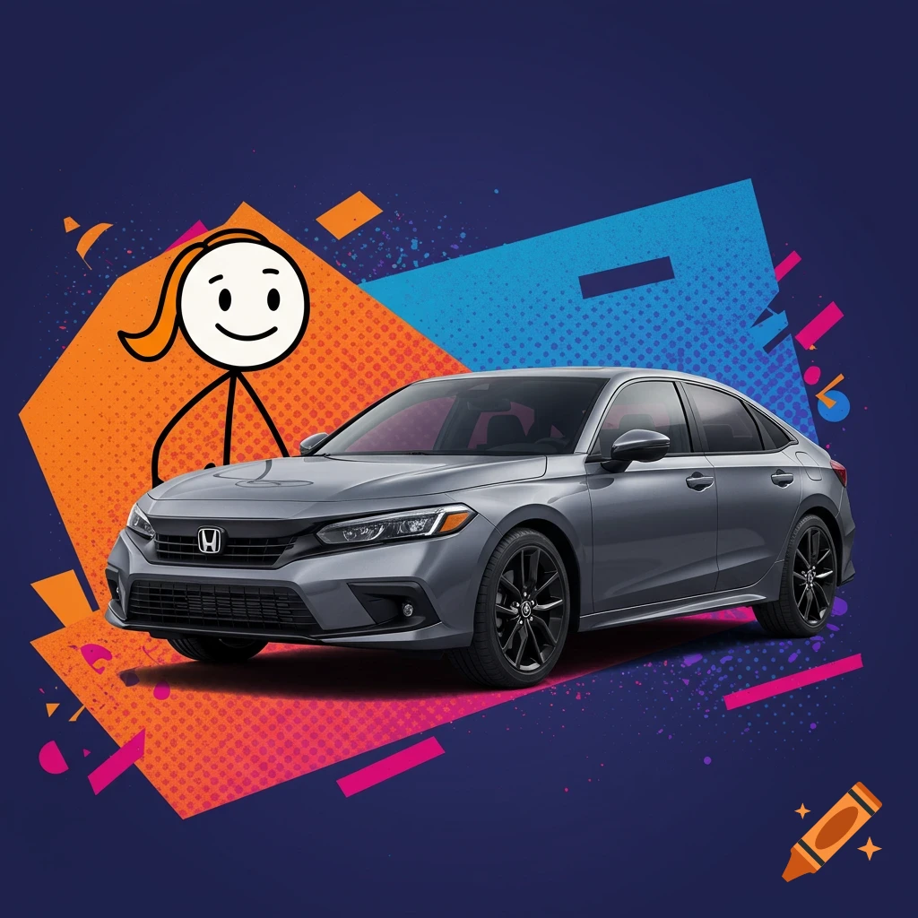 A stick figure stands next to a gray Honda Civic, set against an abstract background.