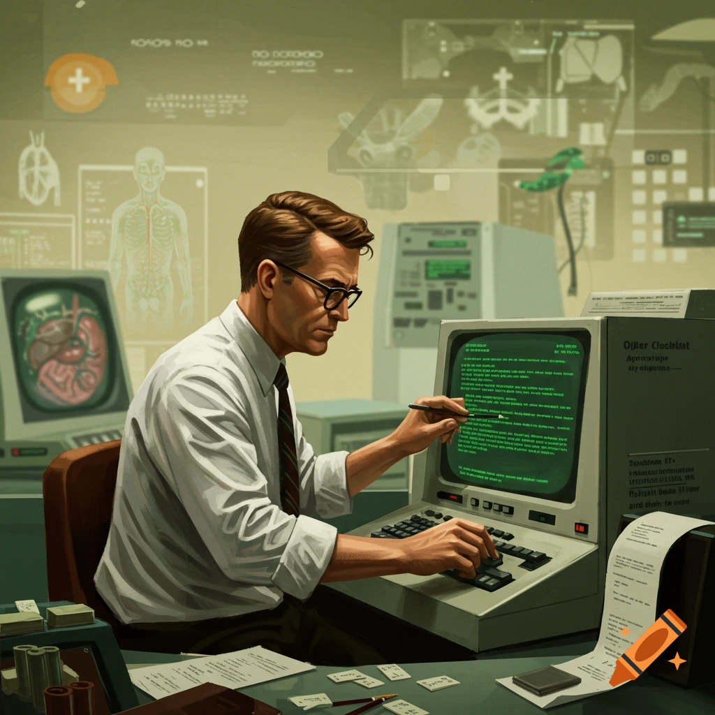 A scientist working at an old computer in a lab with medical diagrams.