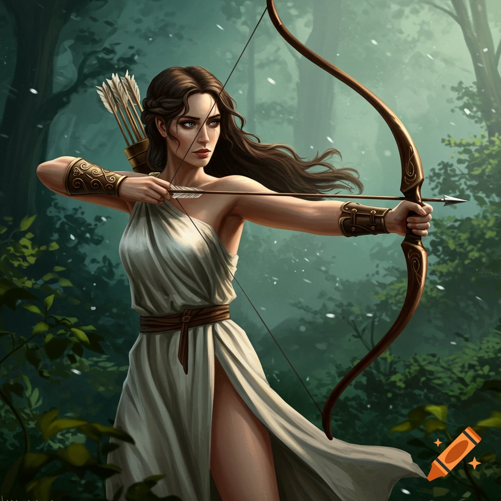 Artemis aims a bow and arrow in a forest.