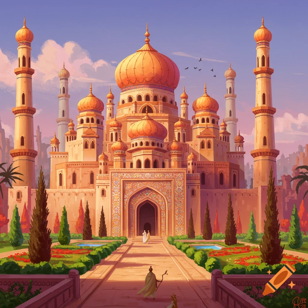 A grand palace with domes and minarets, set in a garden.