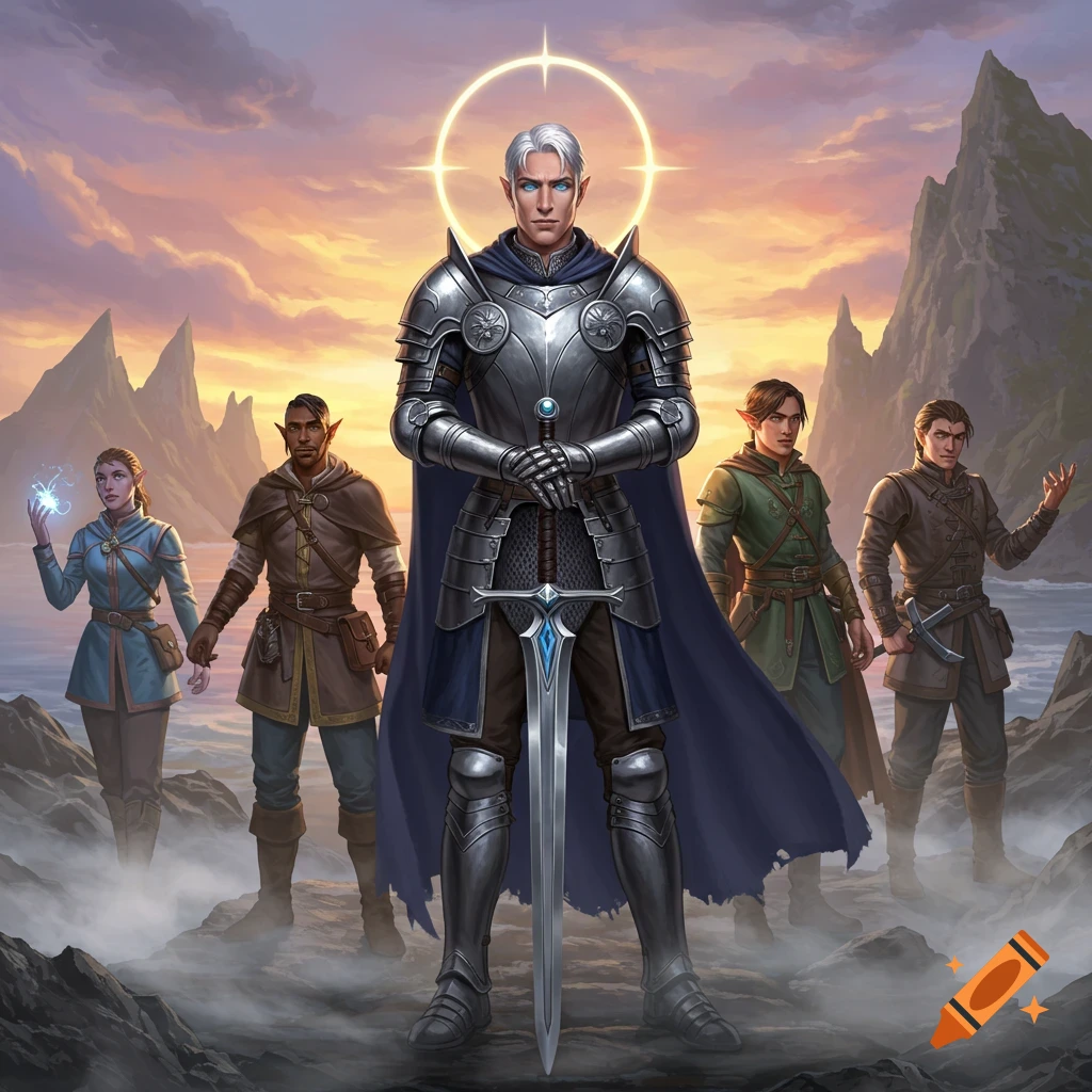 Five fantasy adventurers, led by a paladin in armor, on a rocky coast at sunrise.