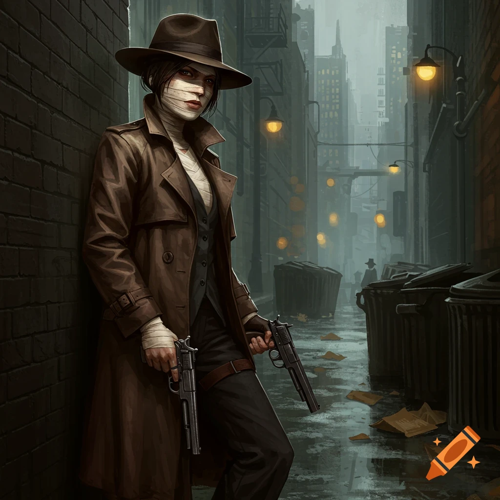 A bandaged woman in a trench coat and hat stands in a rainy alley, holding two pistols.