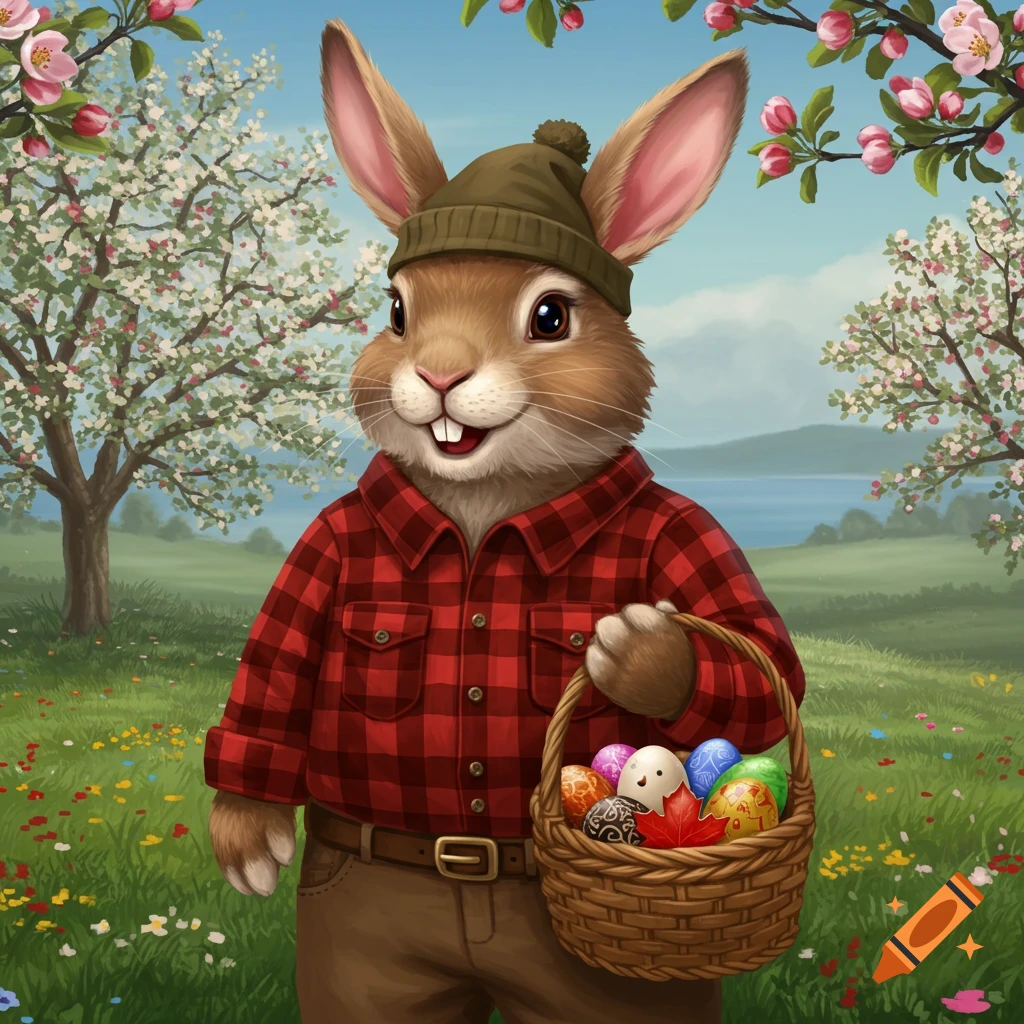 A bunny wearing a beanie and plaid shirt holds a basket of Easter eggs in a grassy field with flowering trees.