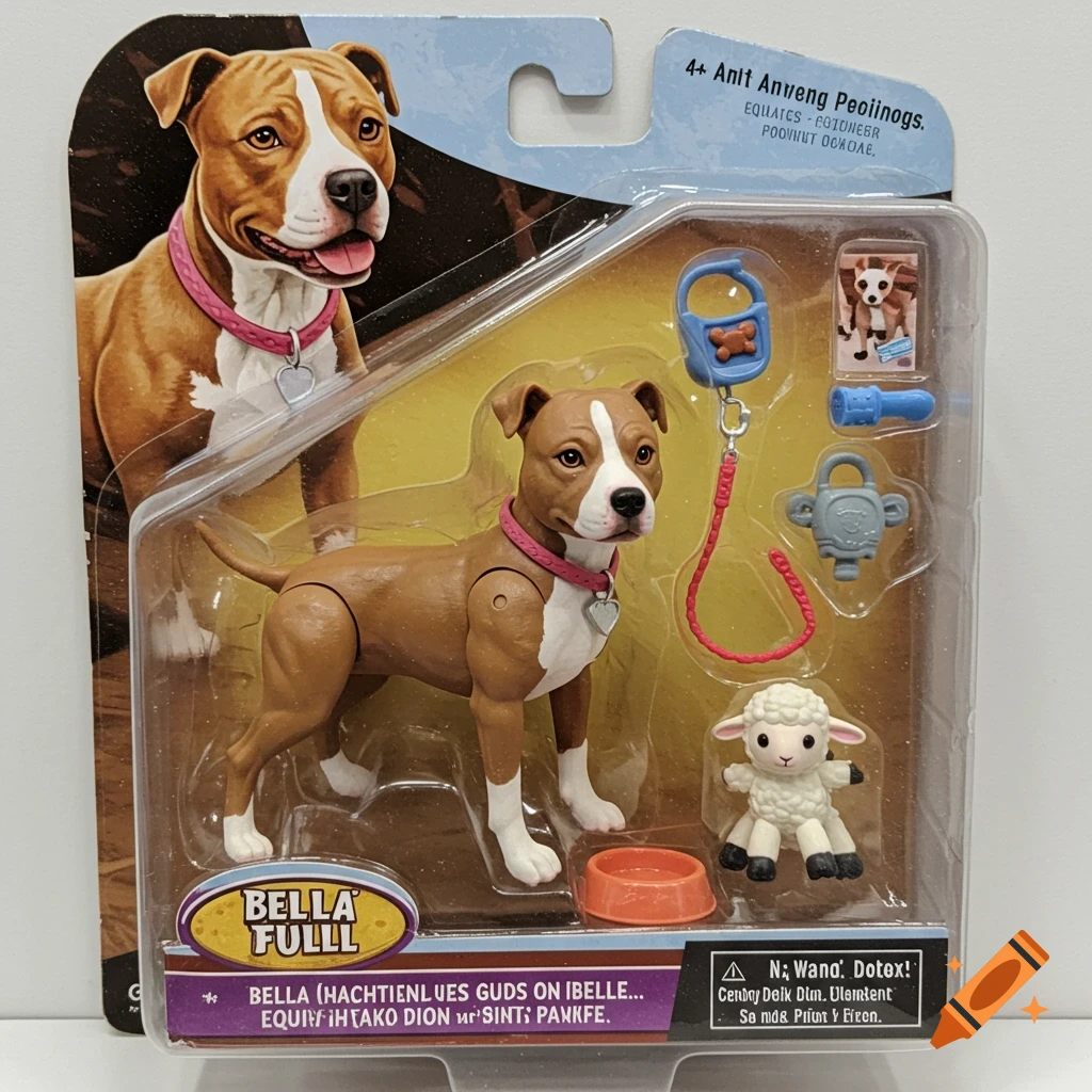 An action figure of a brown and white pit bull dog in blister packaging with leash, dish, and lamb toy.
