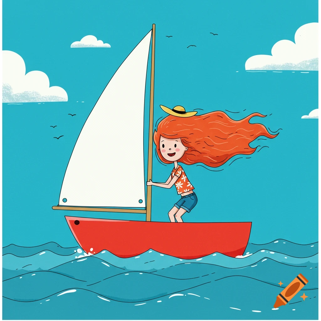 Cartoon girl with red hair sailing a red boat on the sea