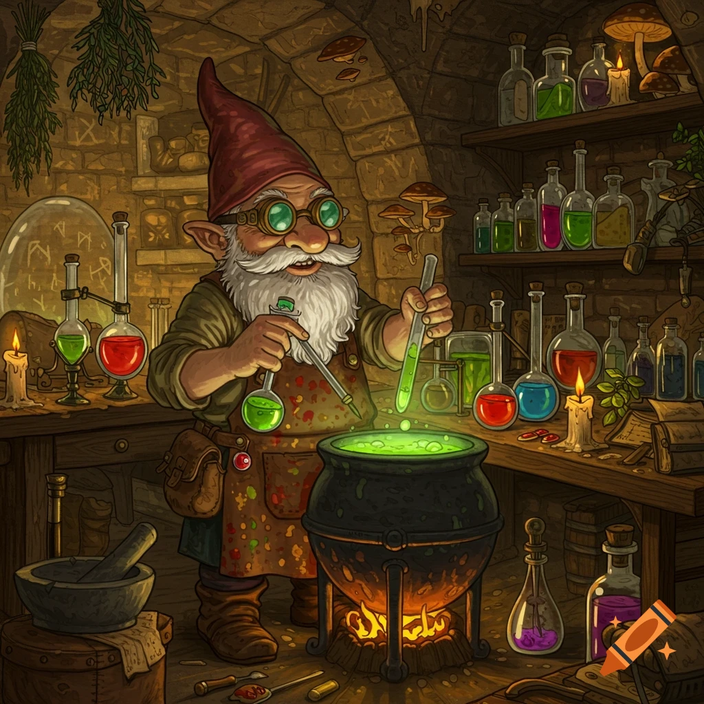A fantasy illustration of a gnome alchemist mixing a glowing green potion in a cauldron in a cluttered workshop.