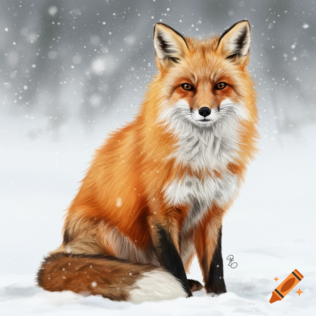 A red fox sitting in the snow