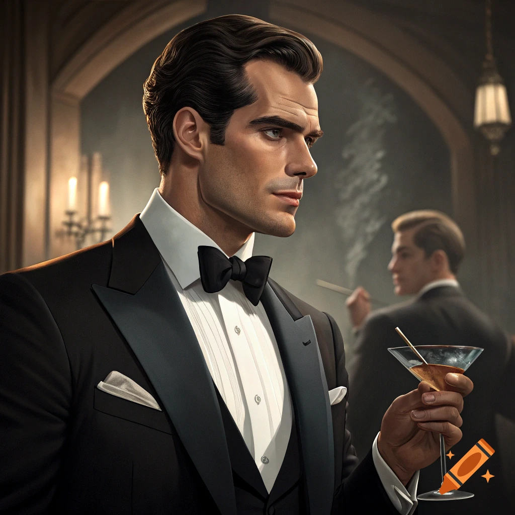Man in tuxedo holding a cocktail in a dimly lit lounge.