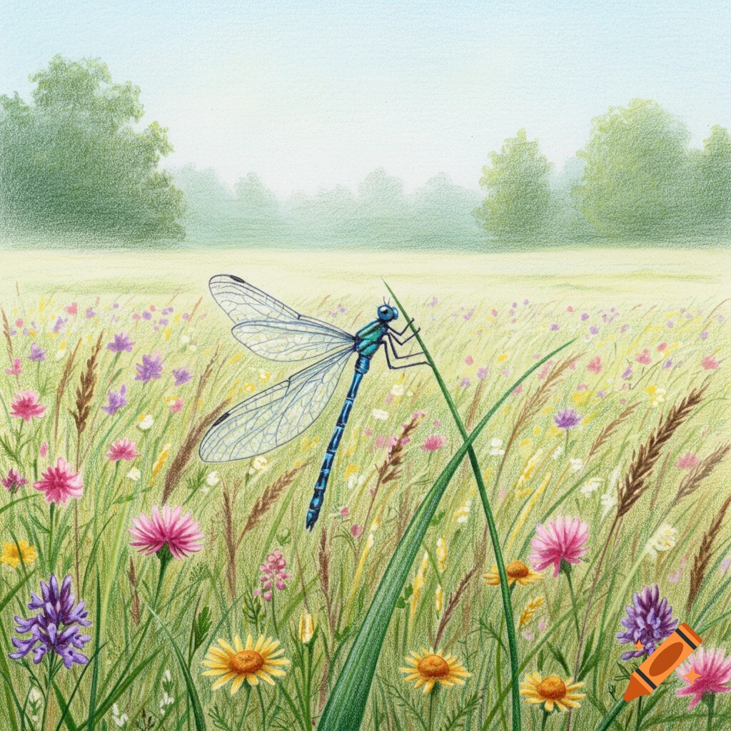 A colored pencil drawing of a blue dragonfly perched on a blade of grass in a meadow filled with flowers.