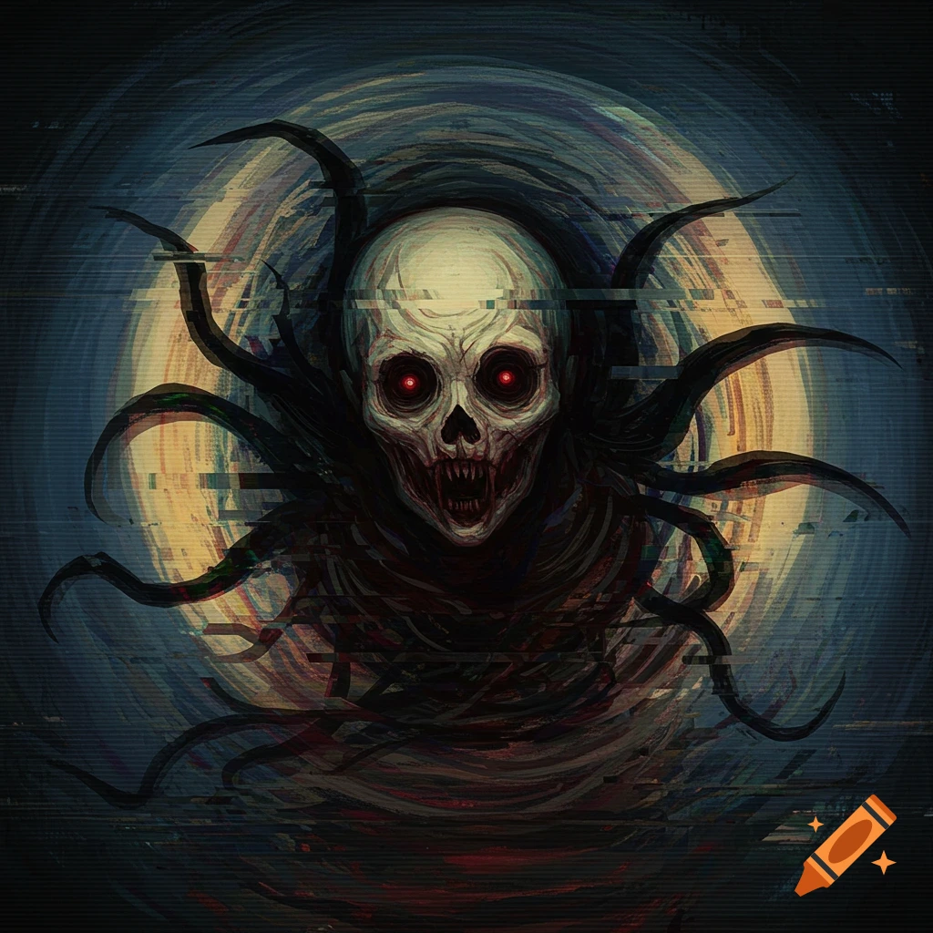 A scary monster with red eyes, fangs, and tentacles emerging from a glitching vortex in analog horror digital art style.