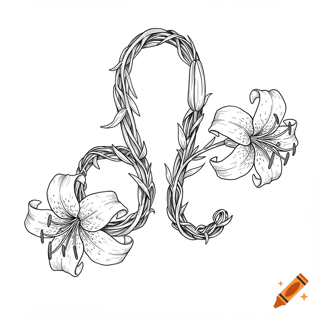 A black and white line drawing of tiger lilies shaped as the Leo zodiac sign.