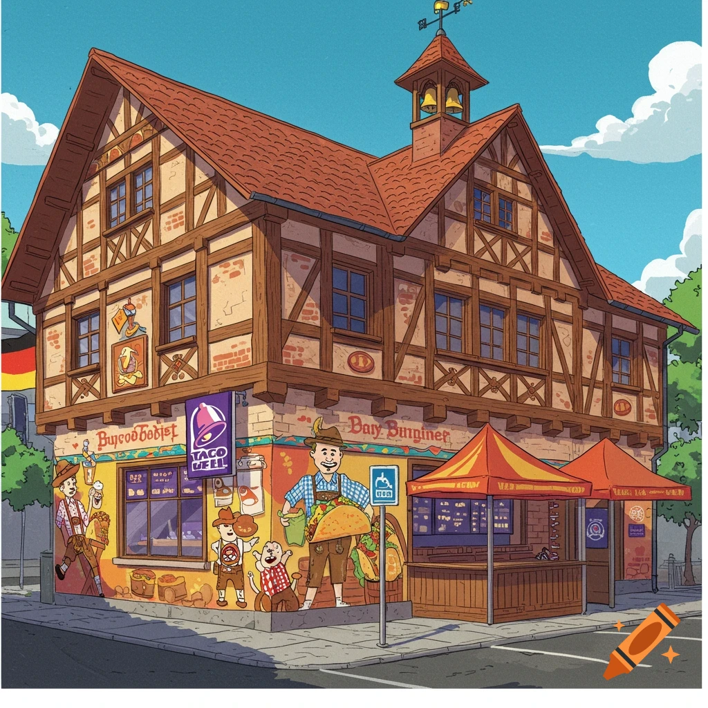 Illustration of a building blending German architecture with Taco Bell, featuring cartoon characters and tents.