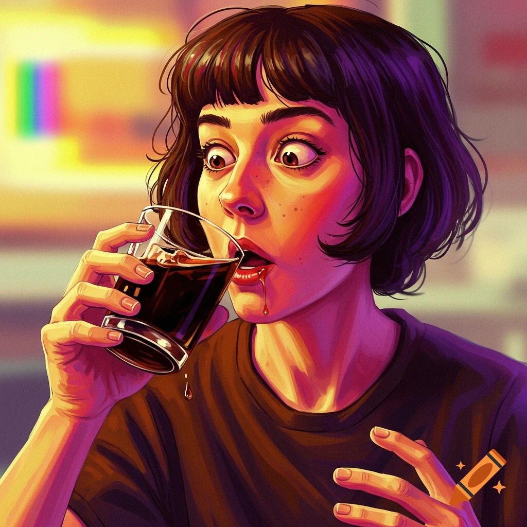 A surprised woman drinking from a glass