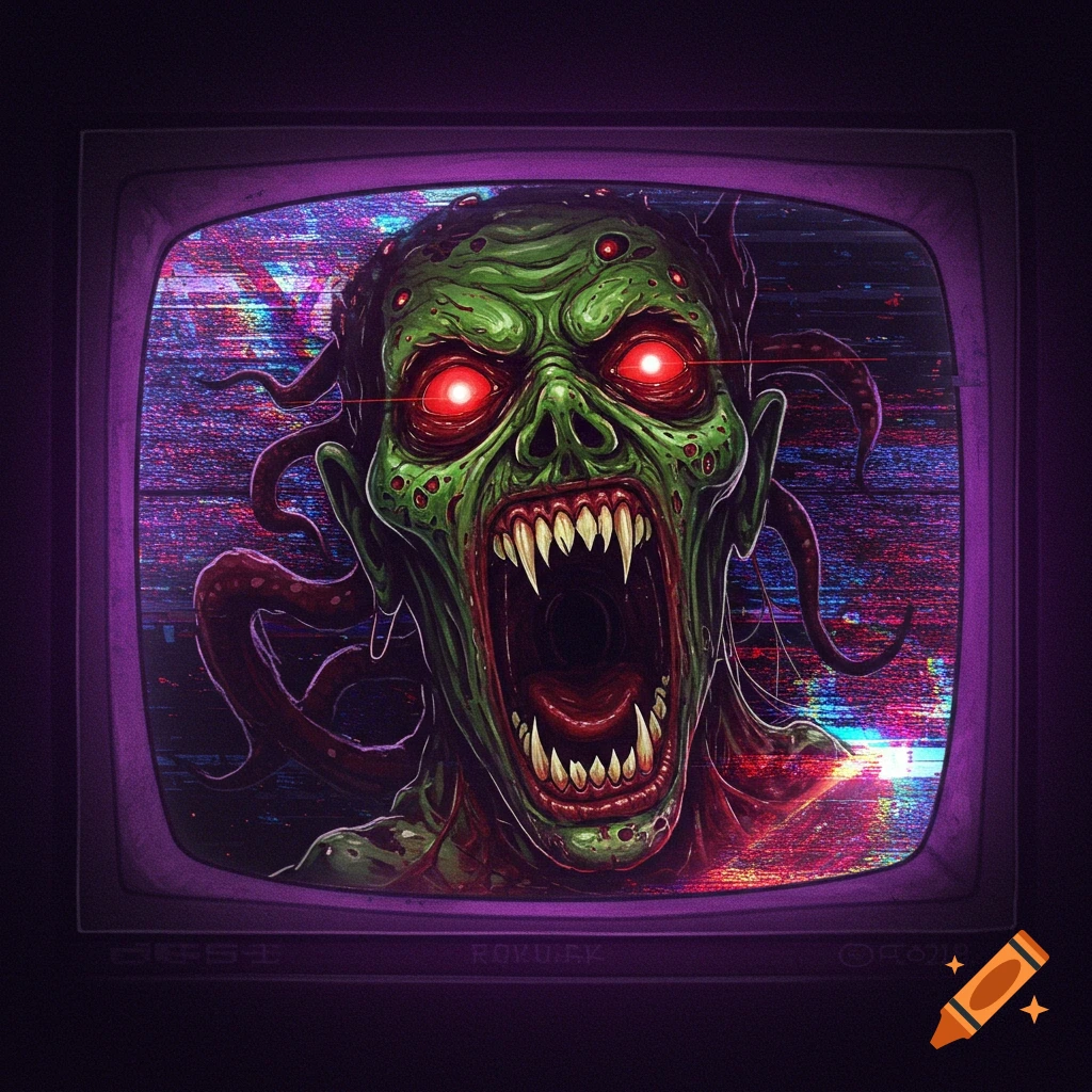 A green monster with red eyes and sharp teeth is shown on a glitchy TV screen.