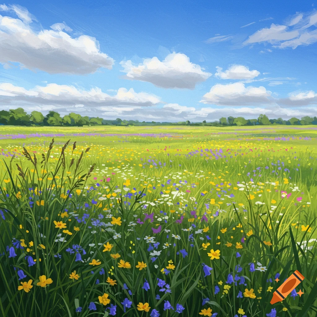 A colorful meadow with flowers under a blue sky.