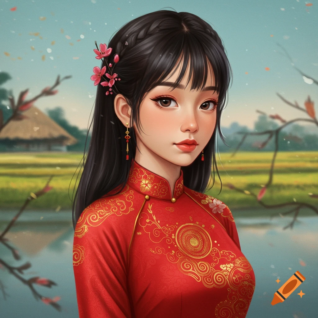A young woman in a red traditional dress with gold patterns stands with a rice paddy and hut in the background.