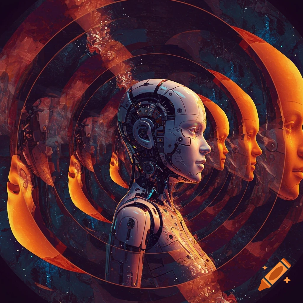 A humanoid robot profile receding into layered orange human-like faces and abstract circles.