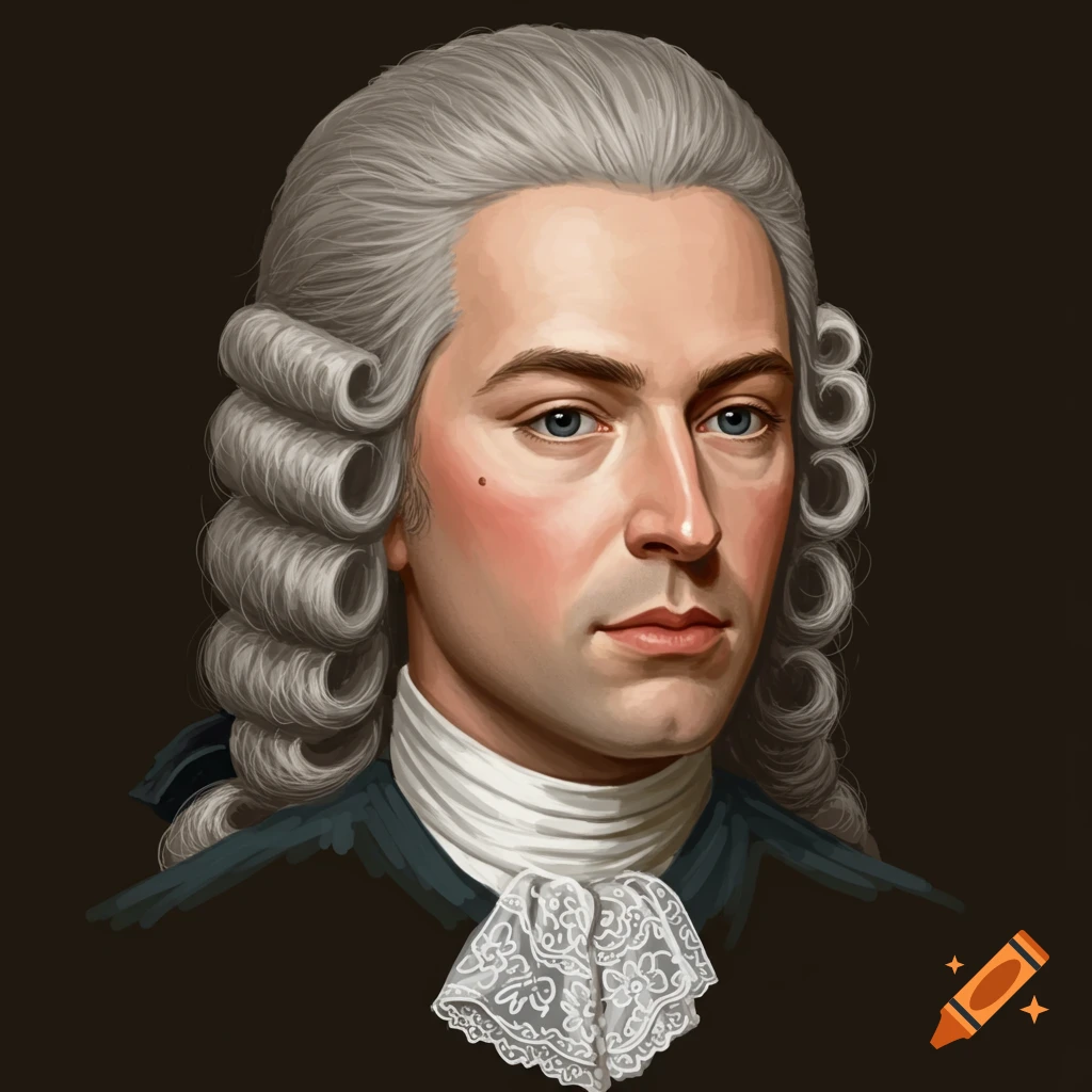 A man wearing a 1700s powdered wig and lace cravat