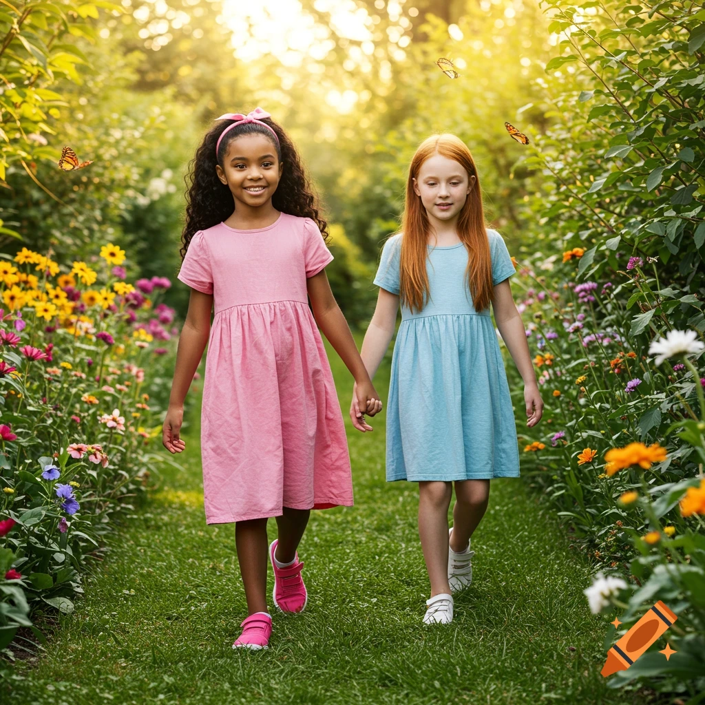 Two young girls walk hand-in-hand through a sunlit, vibrant garden with flowers and butterflies.