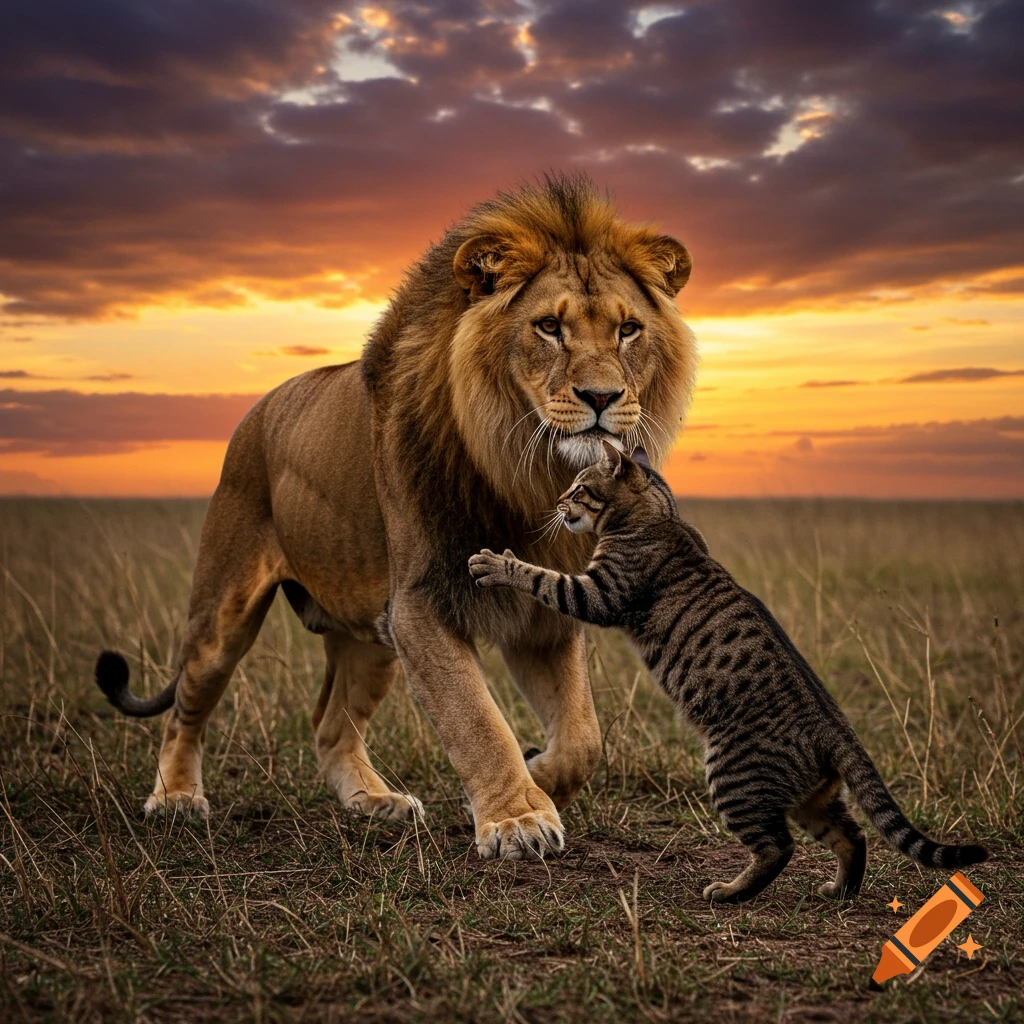 A large lion observes a small tabby cat reaching up towards its face in a grassy field during sunset.