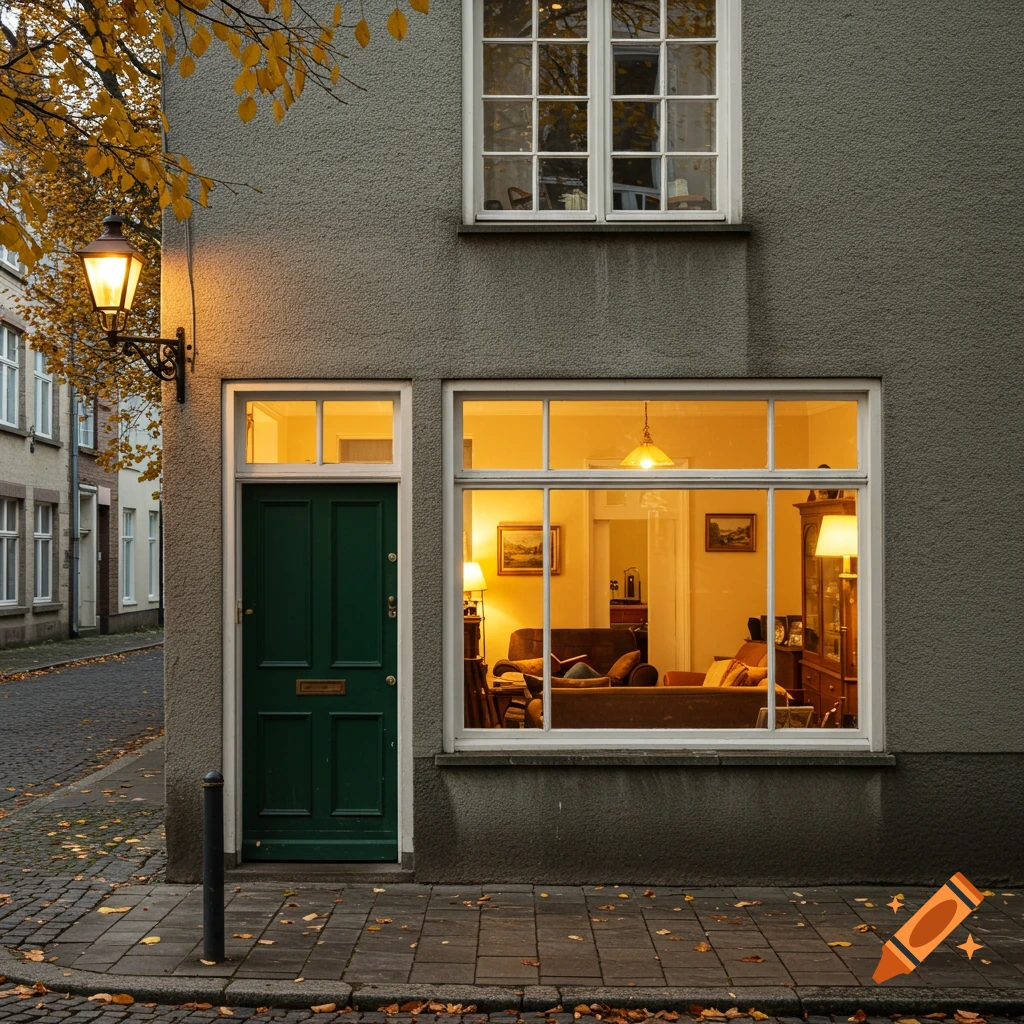 Street view of a gray house with a green door and a large illuminated window showing the interior at dusk in autumn.