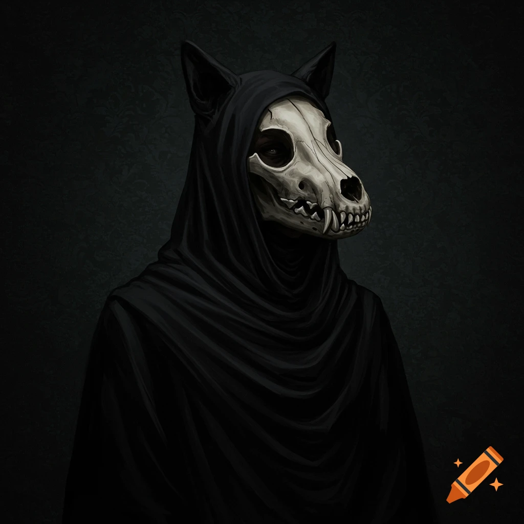 A figure in a black cloak and a wolf skull mask