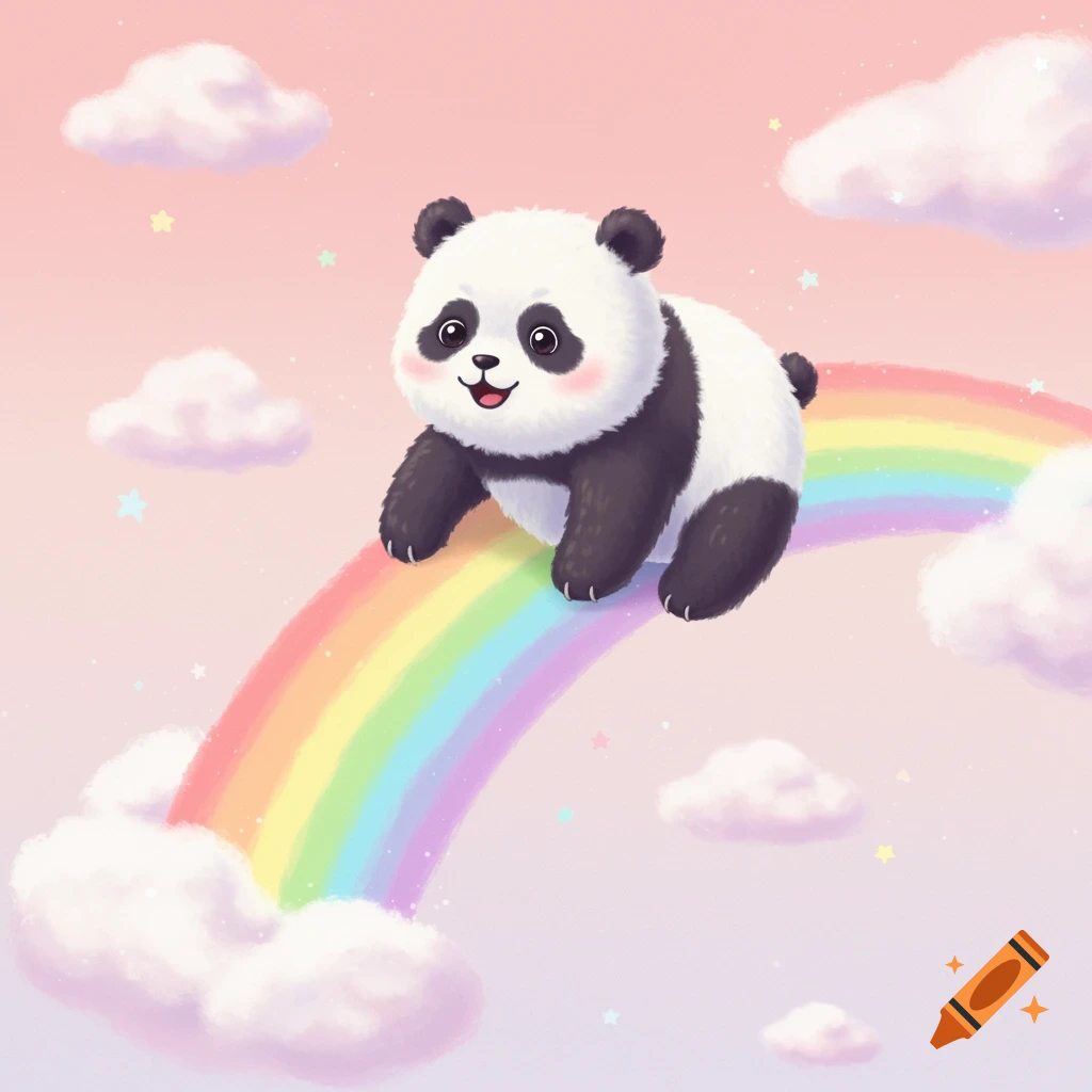 A cute, fluffy cartoon panda bear sits on a vibrant rainbow in a pastel sky with clouds and stars.