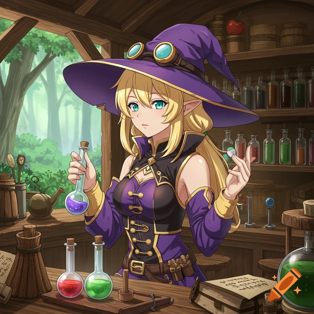 Anime elf wizard making potions in an alchemist shop.