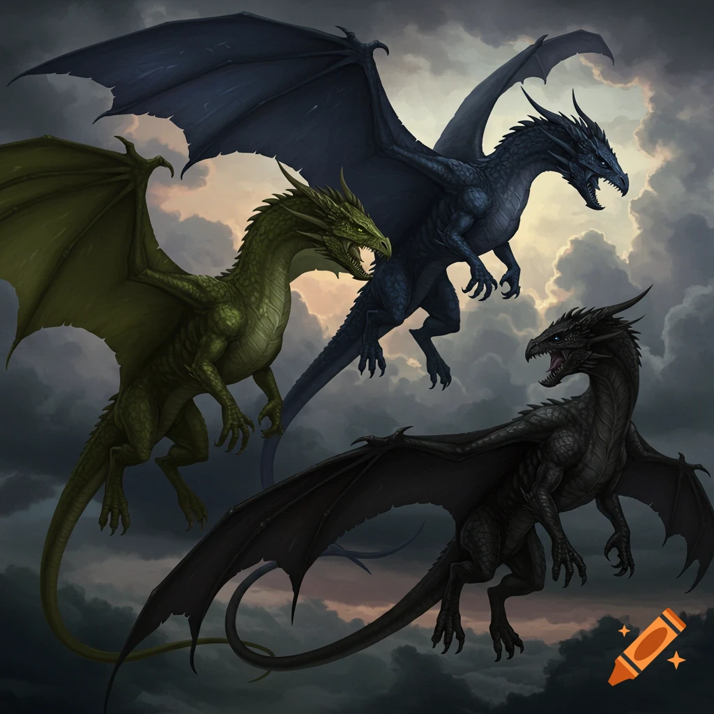 Three wyvern dragons (green, blue, black) flying through dark clouds.