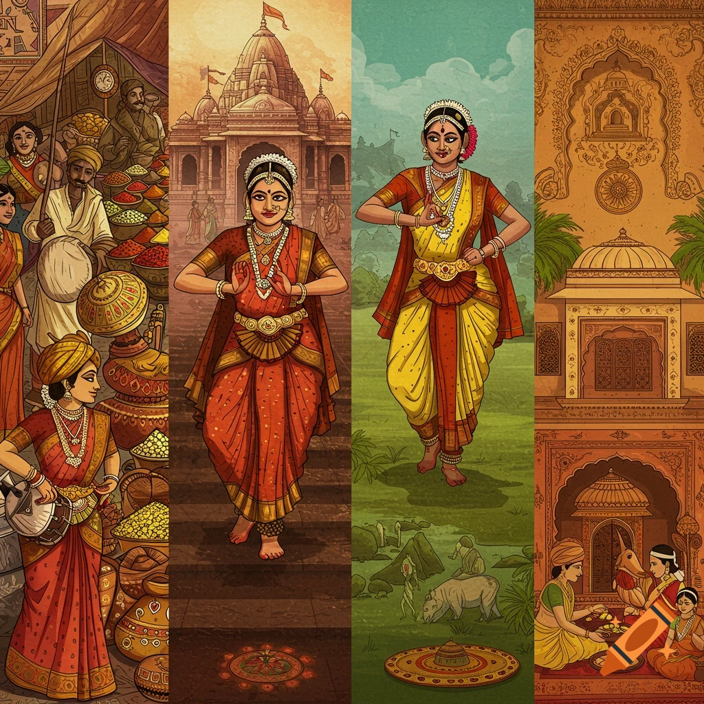 Four vertical panels depicting Indian culture: a market, a temple, a traditional dancer, and a village scene in illustrative style.