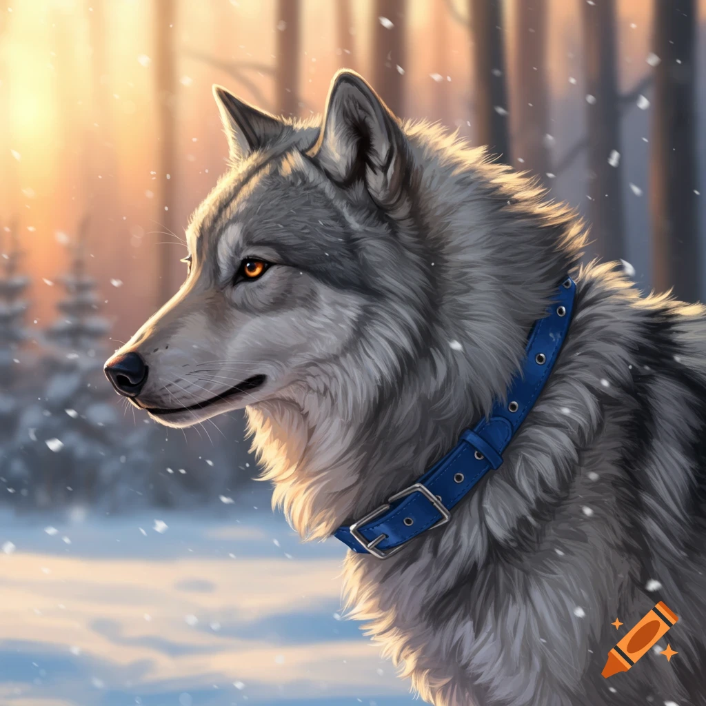 A wolf with a blue collar in a snowy forest.