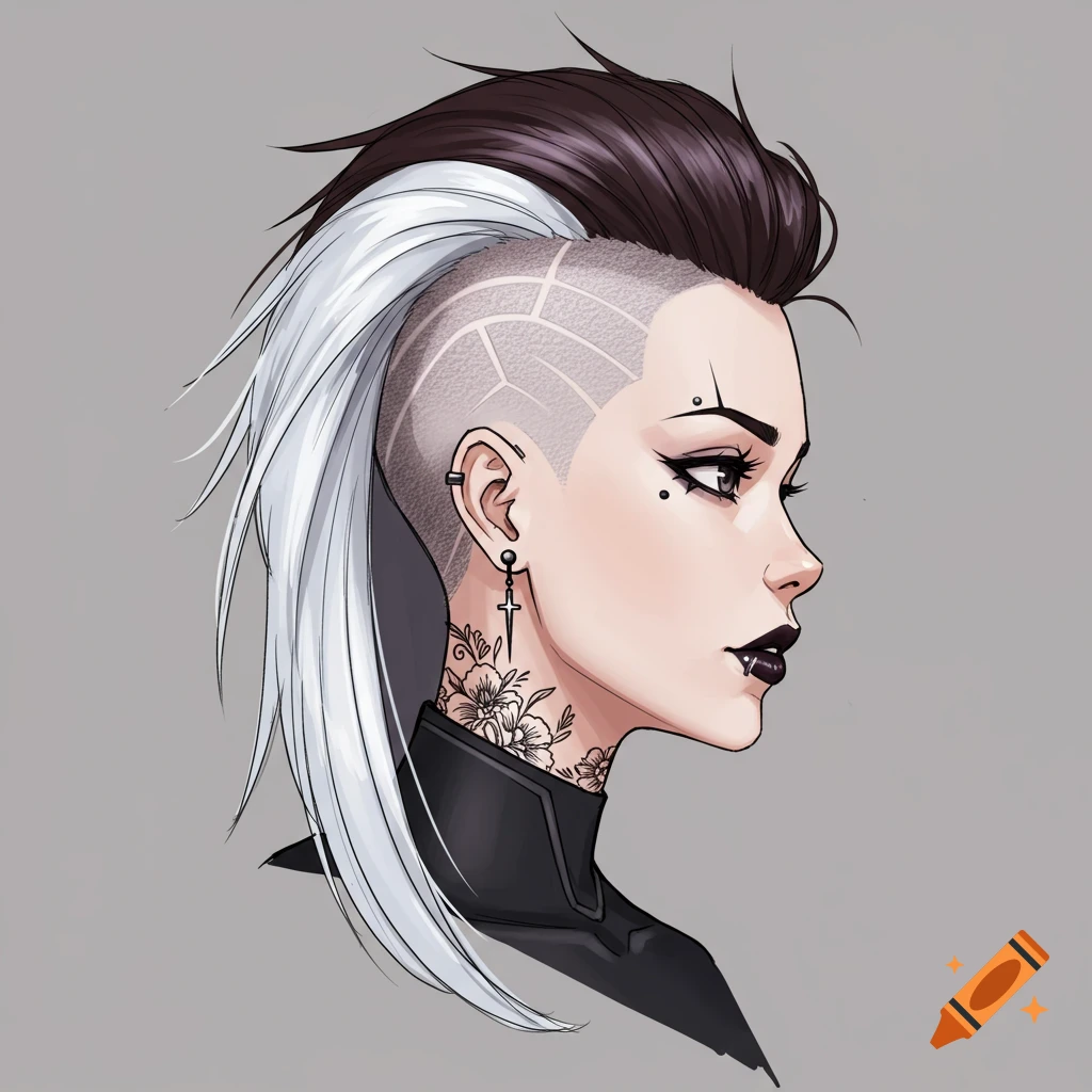 Anime portrait of a woman with a shaved side, hair tattoo, long white hair, black lipstick, and piercings.